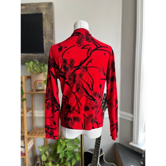 Vintage 90s Red and Black Floral Sequin Mockneck Knit Sweater Size Medium - Picture 4 of 5